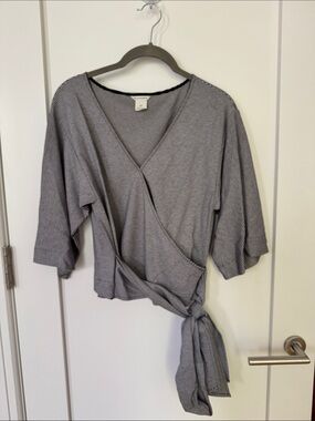 Club Monaco Gray Striped Wrap Tie Blouse